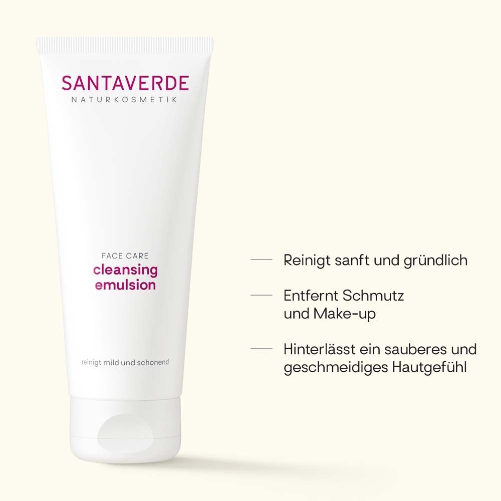 Weiße Tube mit SANTAVERDE-Logo und Produktbezeichnung. Text: Reinigt sanft und gründlich.