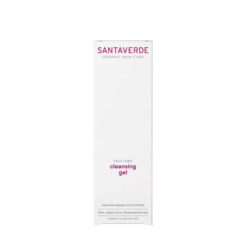 Weiße Verpackung mit SANTAVERDE-Logo und Produktnamen: cleansing gel. Text: Organic Skin Care.