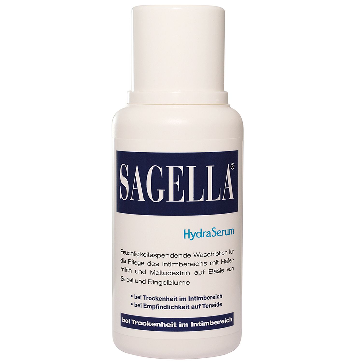 Weiße Flasche mit blauem Etikett. Aufschrift: Sagella HydraSerum. Text: Feuchtigkeitspflege für den Intimbereich.