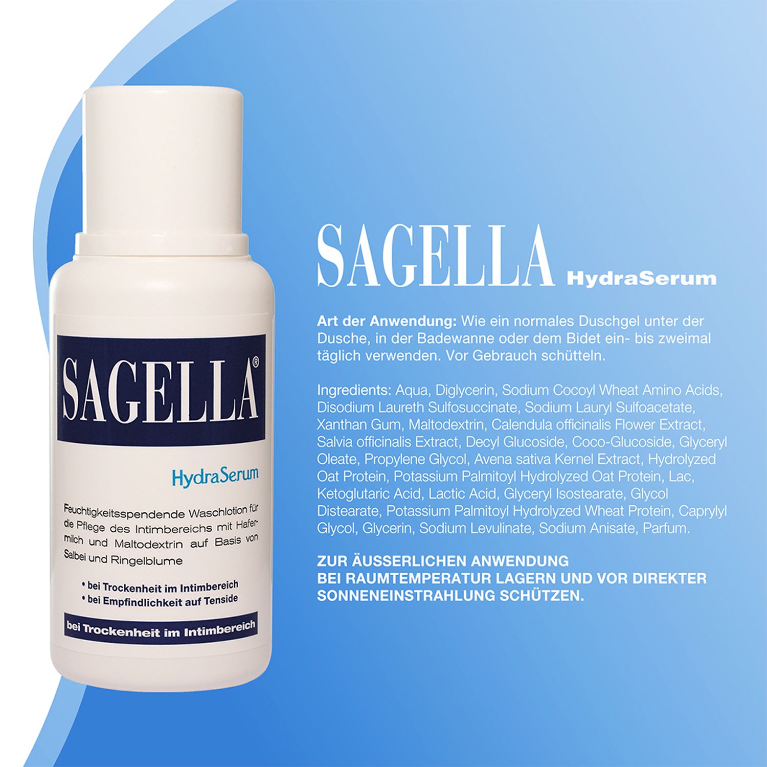 Produktflasche mit Inhaltsstoffliste. Aufschrift: Sagella HydraSerum. Text: Anwendung, Inhaltsstoffe, Hinweise zur Lagerung.