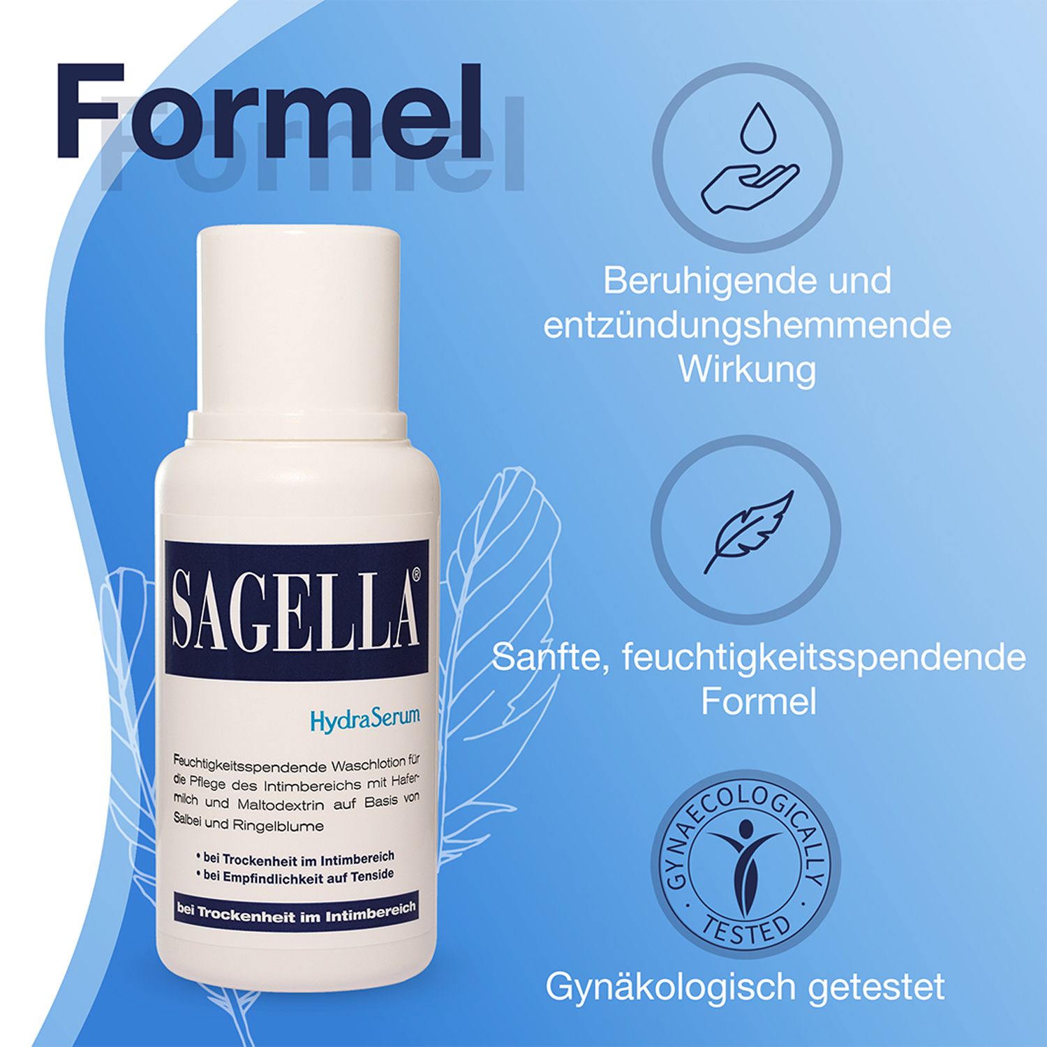 Produktflasche mit Icons. Aufschrift: Sagella HydraSerum. Text: Beruhigende Wirkung, sanfte Formel, gynäkologisch getestet.
