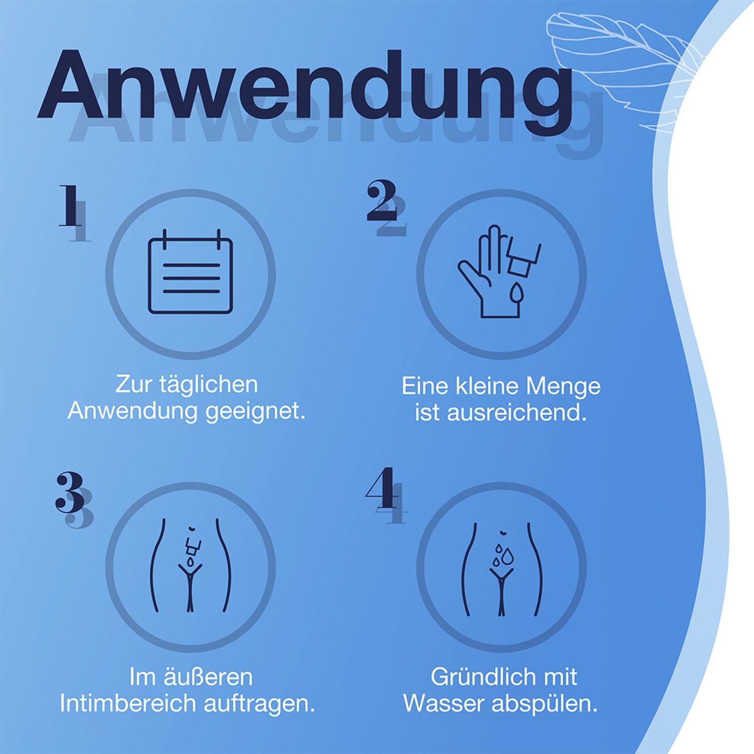 Anwendungsschritte. Text: Für die tägliche Anwendung geeignet, kleine Menge auftragen, im äußeren Intimbereich auftragen, abspülen.