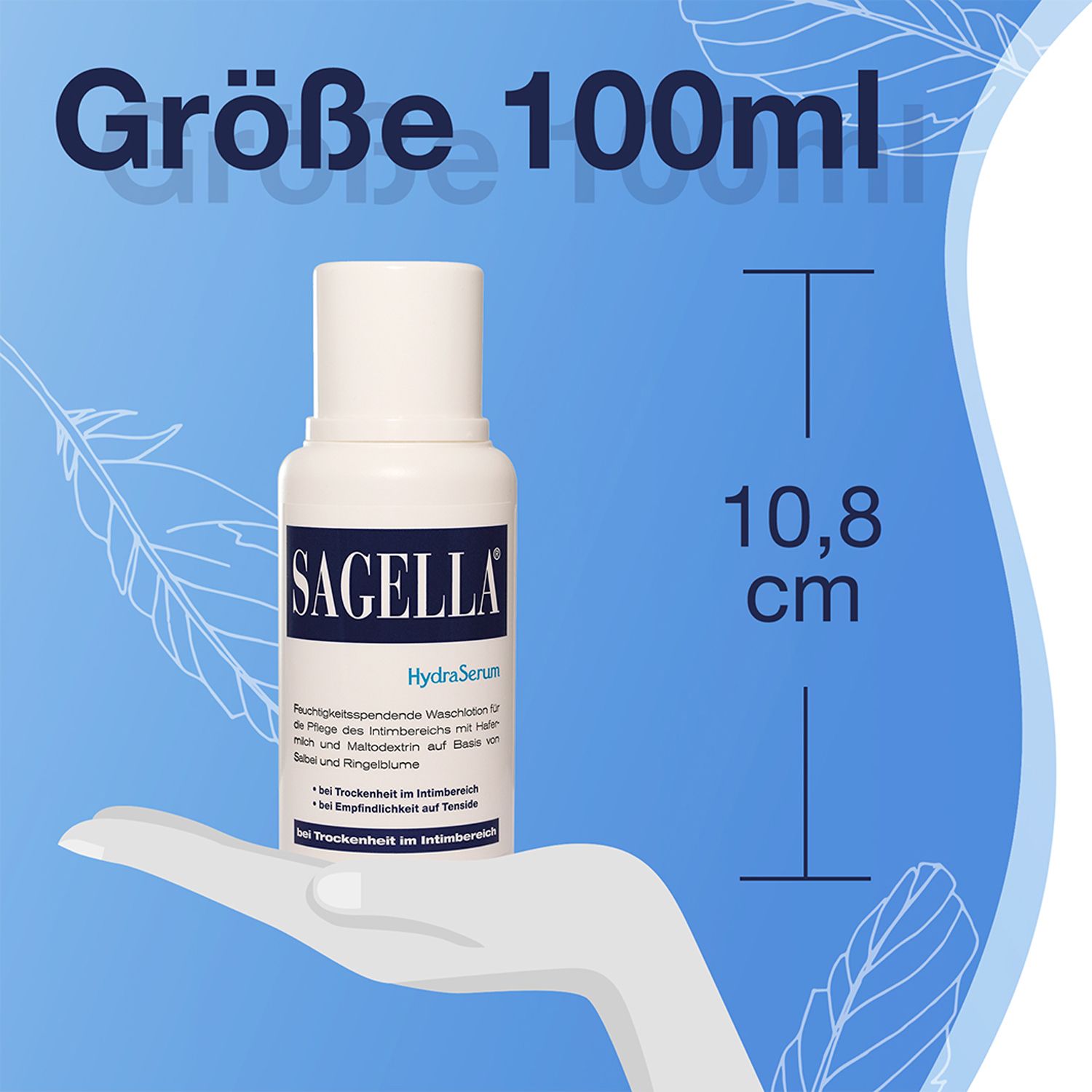Produktflasche in Hand. Text: Größe 100ml, Maße 10,8 cm.