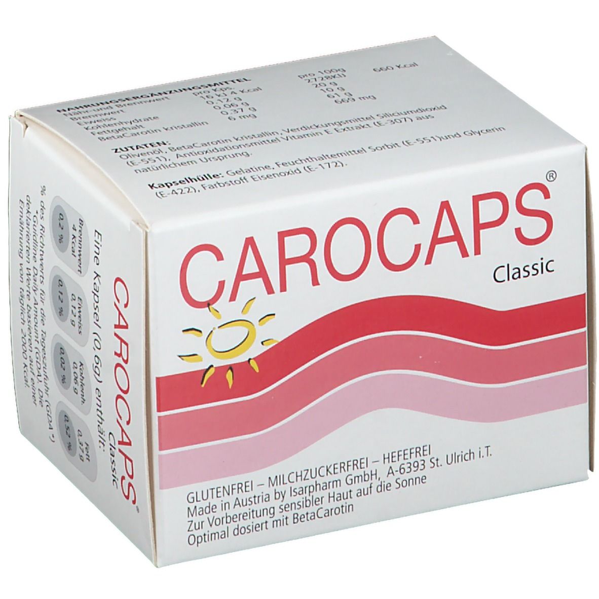 CAROCAPS Classic-Packung. Weißer Karton mit roter Wellenlinie und gelber Sonne. Produktname und Zusatzinformationen.