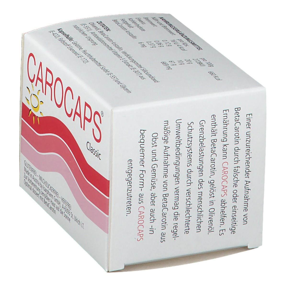 CAROCAPS Classic-Packung. Weißer Karton mit roter Wellenlinie und gelber Sonne. Produktname und Textinformationen.