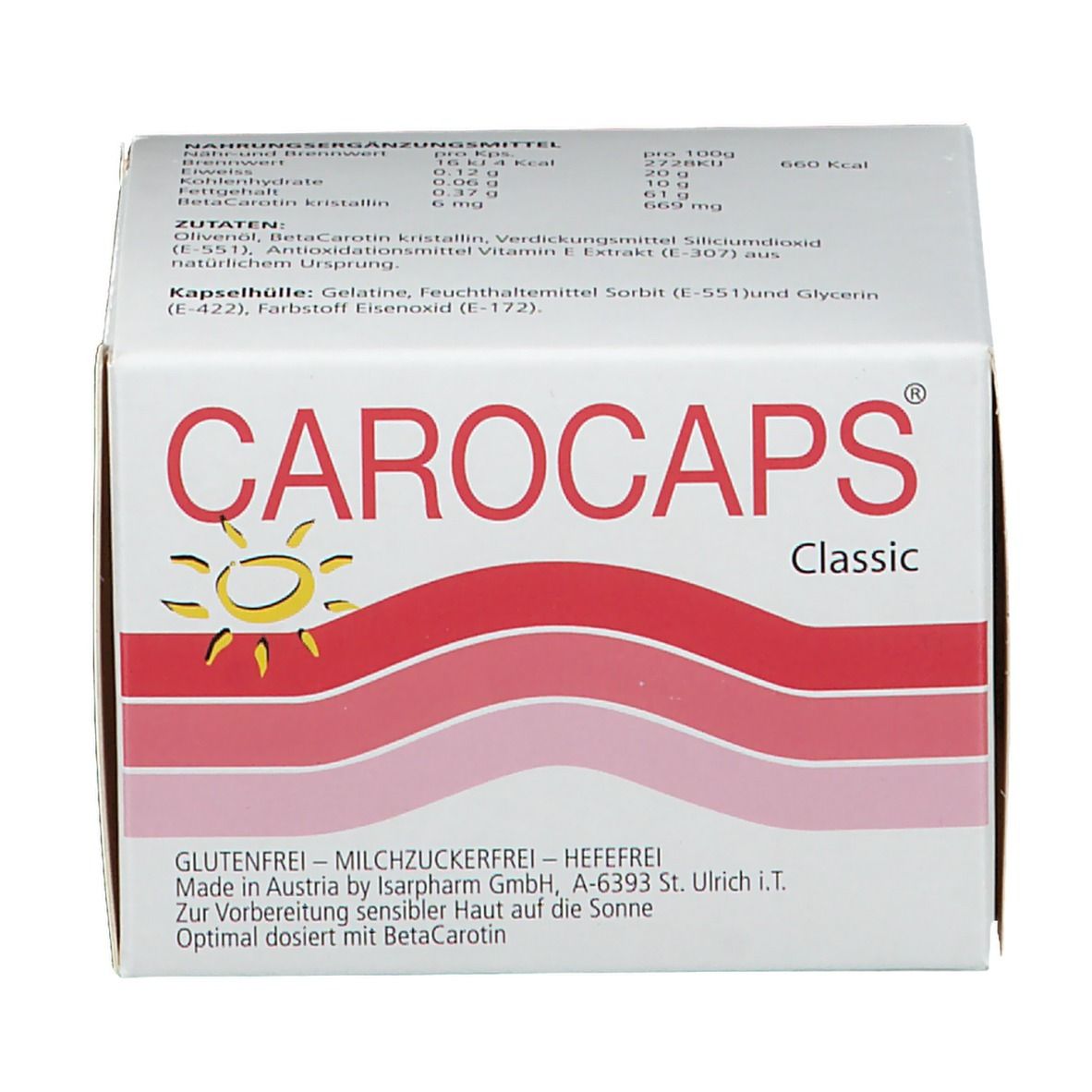 CAROCAPS Classic-Packung. Weißer Karton mit roter Wellenlinie und gelber Sonne. Produktname und Zusatzinformationen.