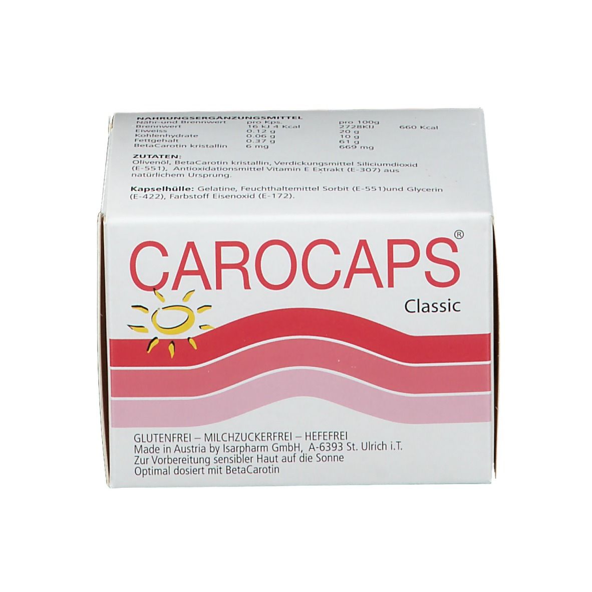 CAROCAPS Classic-Packung. Weißer Karton mit roter Wellenlinie und gelber Sonne. Produktname und Text.
