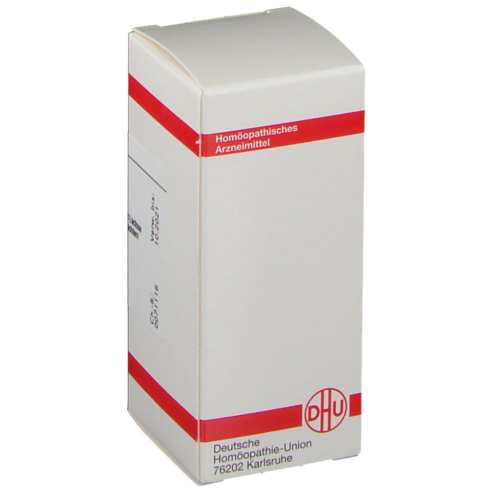 Weiße Schachtel mit roter Umrandung. Logo DHU. Aufschrift: Homöopathisches Arzneimittel.