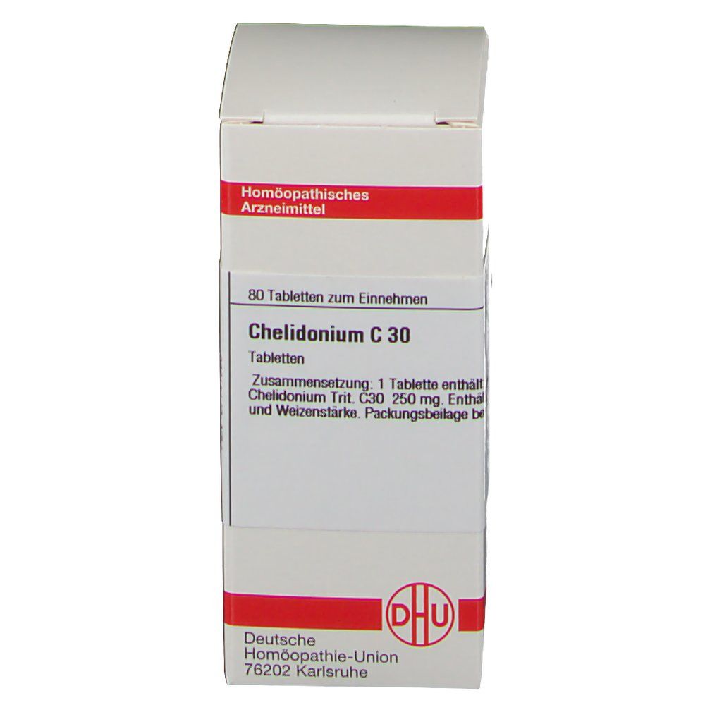 Weiße Schachtel mit roter Umrandung. Aufschrift: Chelidonium C 30. Enthält 80 Tabletten. Logo DHU.