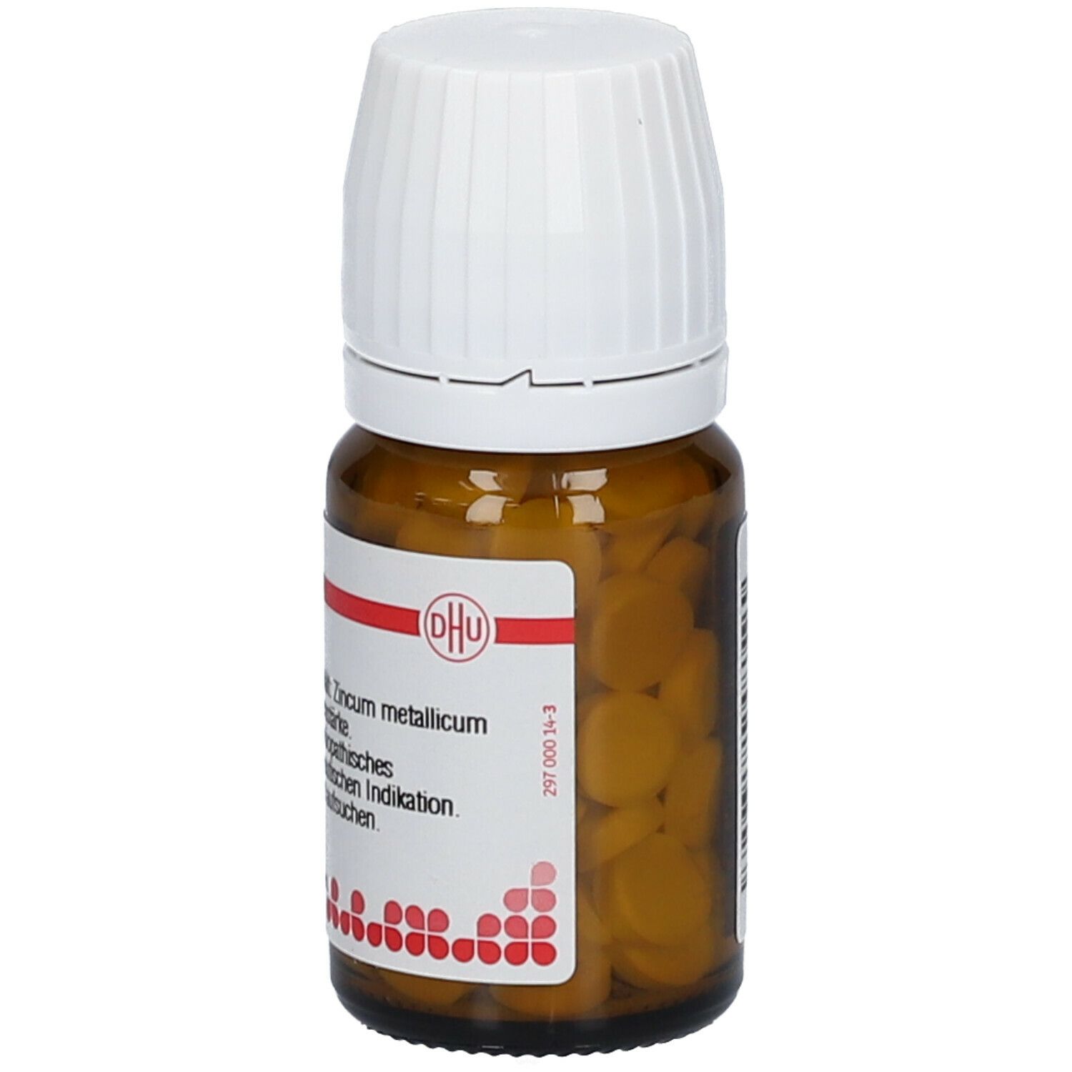 Braune Glasflasche mit weißem Deckel. Etikett mit Produktinformationen und DHU Logo. Enthält Tabletten.