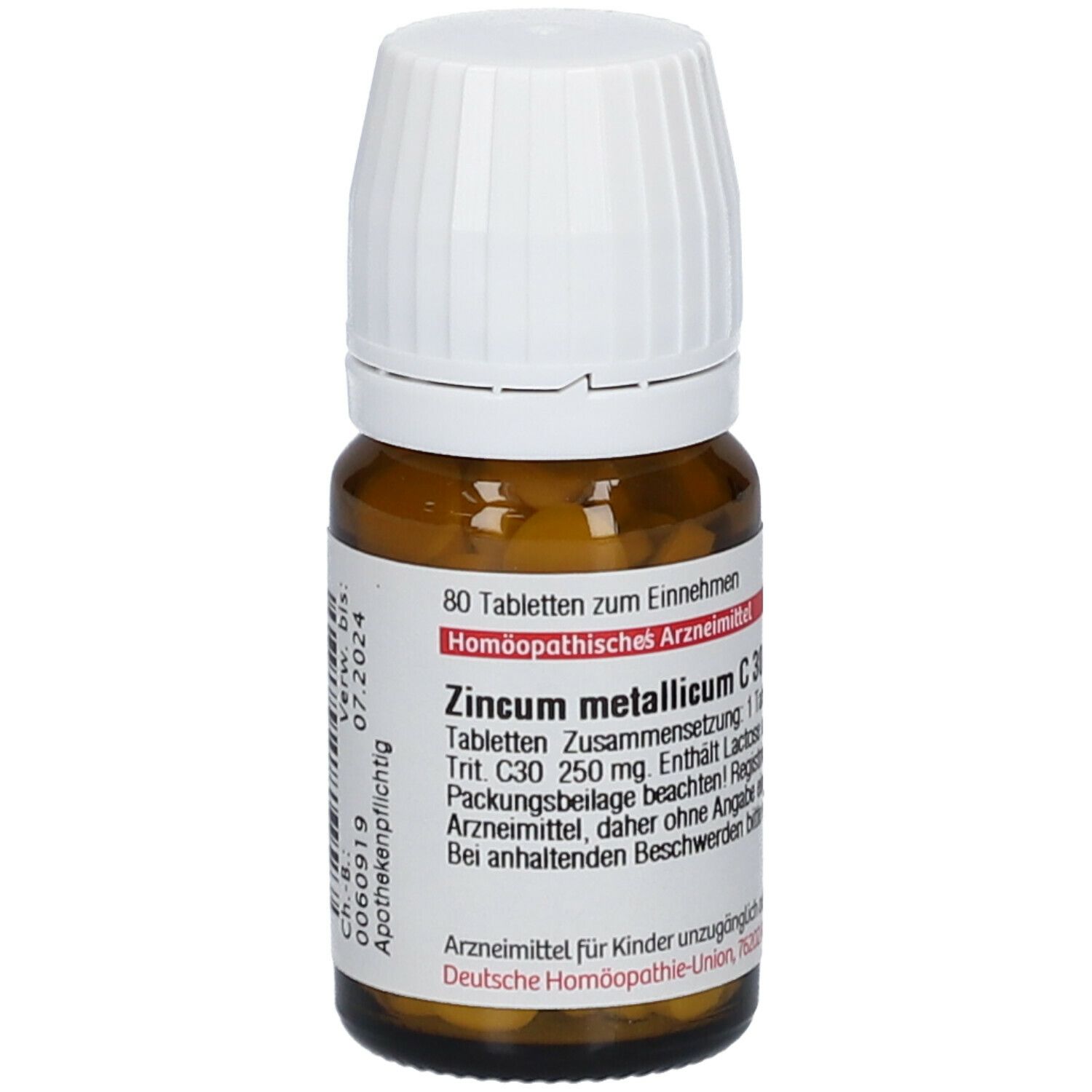 Braune Glasflasche mit weißem Deckel. Etikett mit Produktinformationen und Verfallsdatum. Enthält Tabletten.