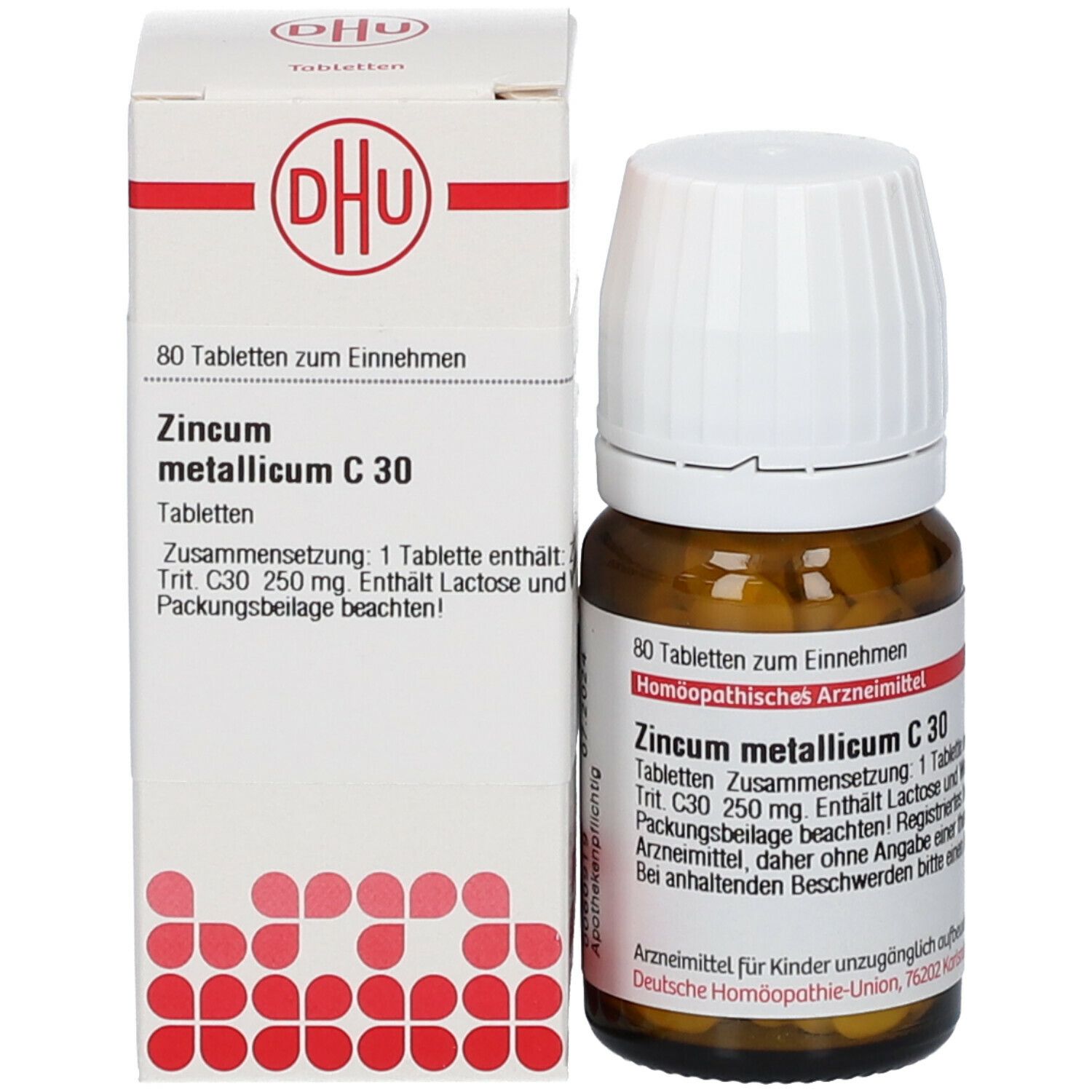 Braune Glasflasche mit weißem Deckel und Karton. Karton mit Produktinformationen und DHU Logo. Enthält Tabletten.