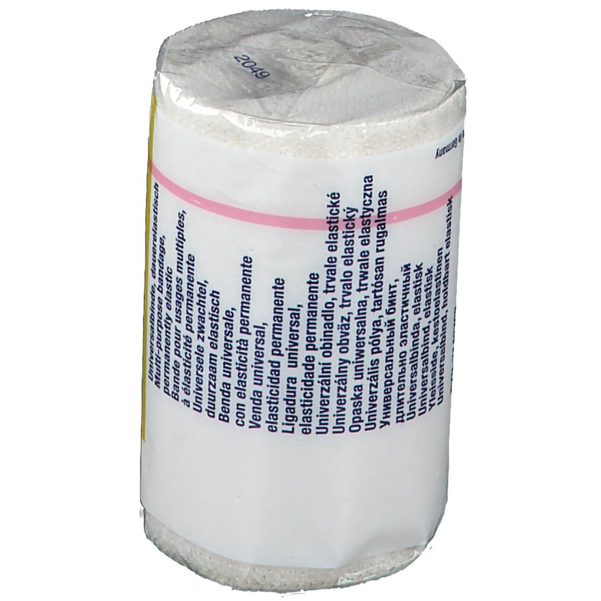 Elastische Universalbinde, gerollt. Verpackt in Folie. Rosa Streifen. Mehrsprachiger Text auf der Verpackung.