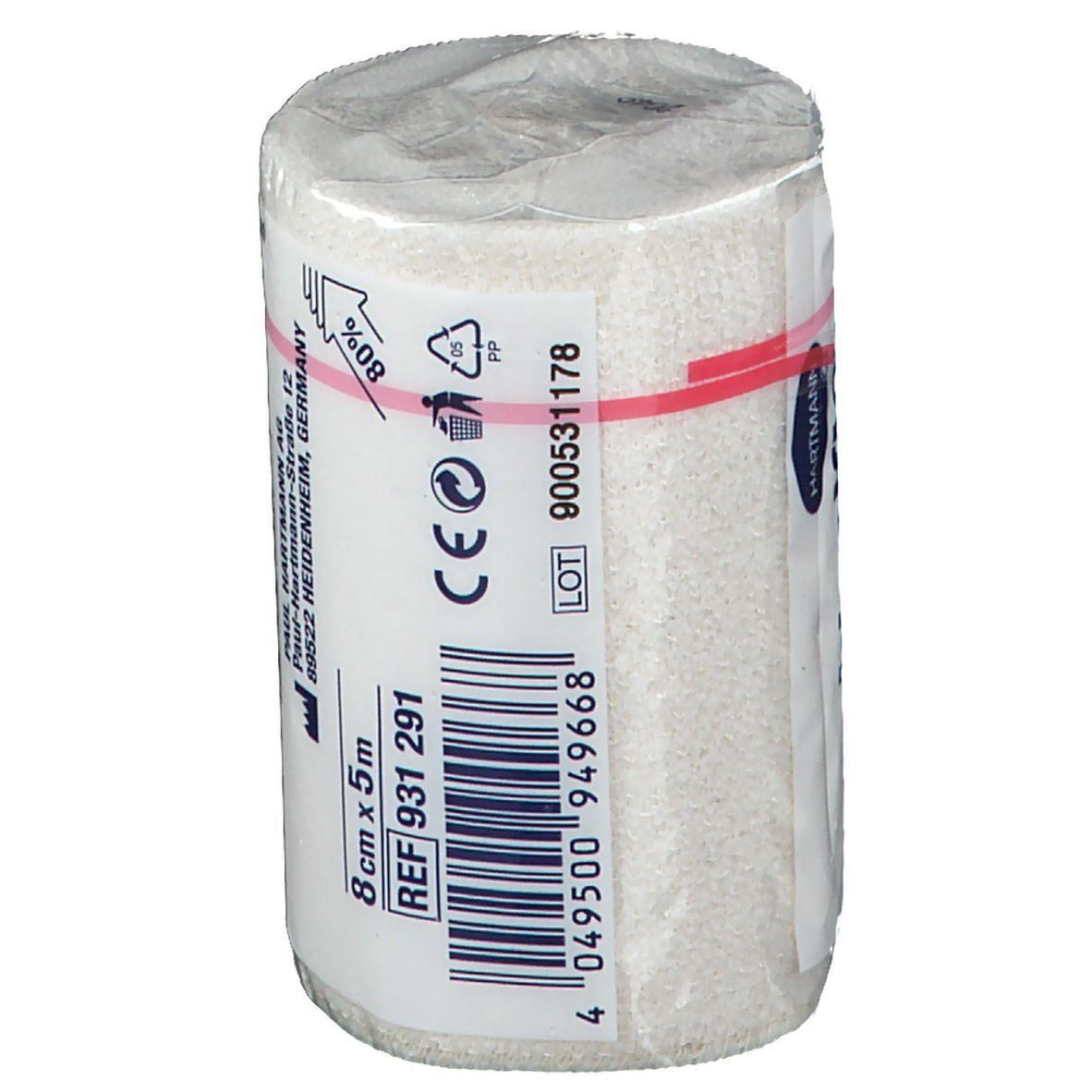 Gerollte elastische Universalbinde in Folienverpackung. Aufdruck mit Produktinformationen, darunter 8 cm x 5 m.