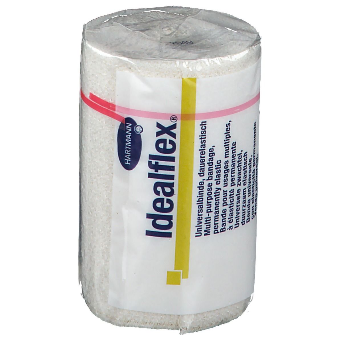 Gerollte elastische Universalbinde in Folienverpackung. Aufdruck mit Produktinformationen, darunter 8 cm x 5 m.