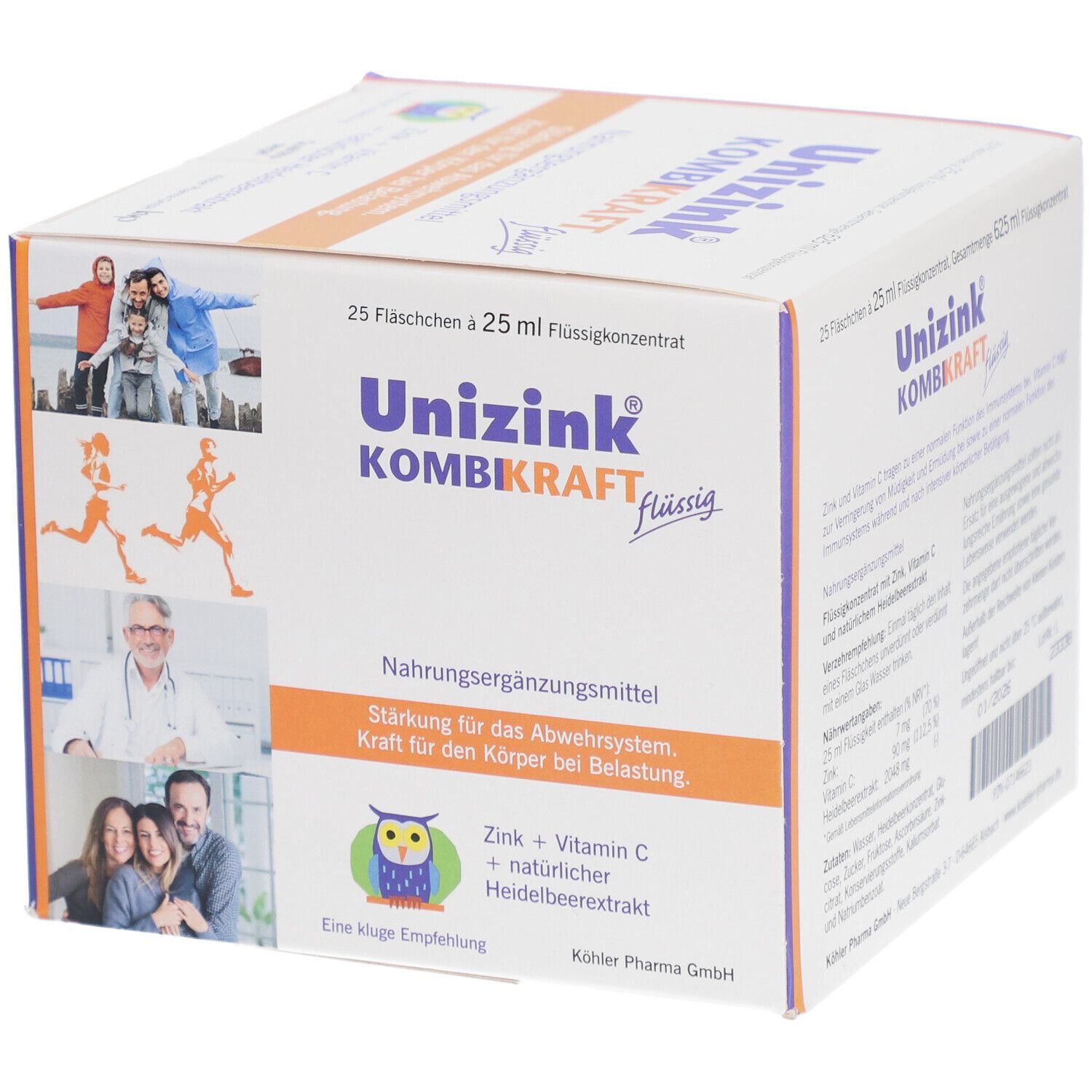 Karton von Unizink® KOMBIKRAFT flüssig. 25 Fläschchen. Aufdruck: Zink + Vitamin C + Heidelbeerextrakt. Personen im Hintergrund.