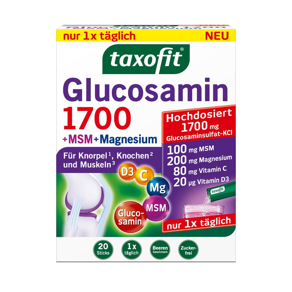Schachtel taxofit Glucosamin 1700. Enthält 20 Sticks. Aufschrift: +MSM+Magnesium, 1700 mg Glucosamin.