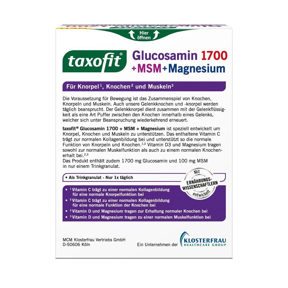 Seite der Schachtel taxofit Glucosamin 1700. Auflistung der Inhaltsstoffe und Nährwerte pro Portion.