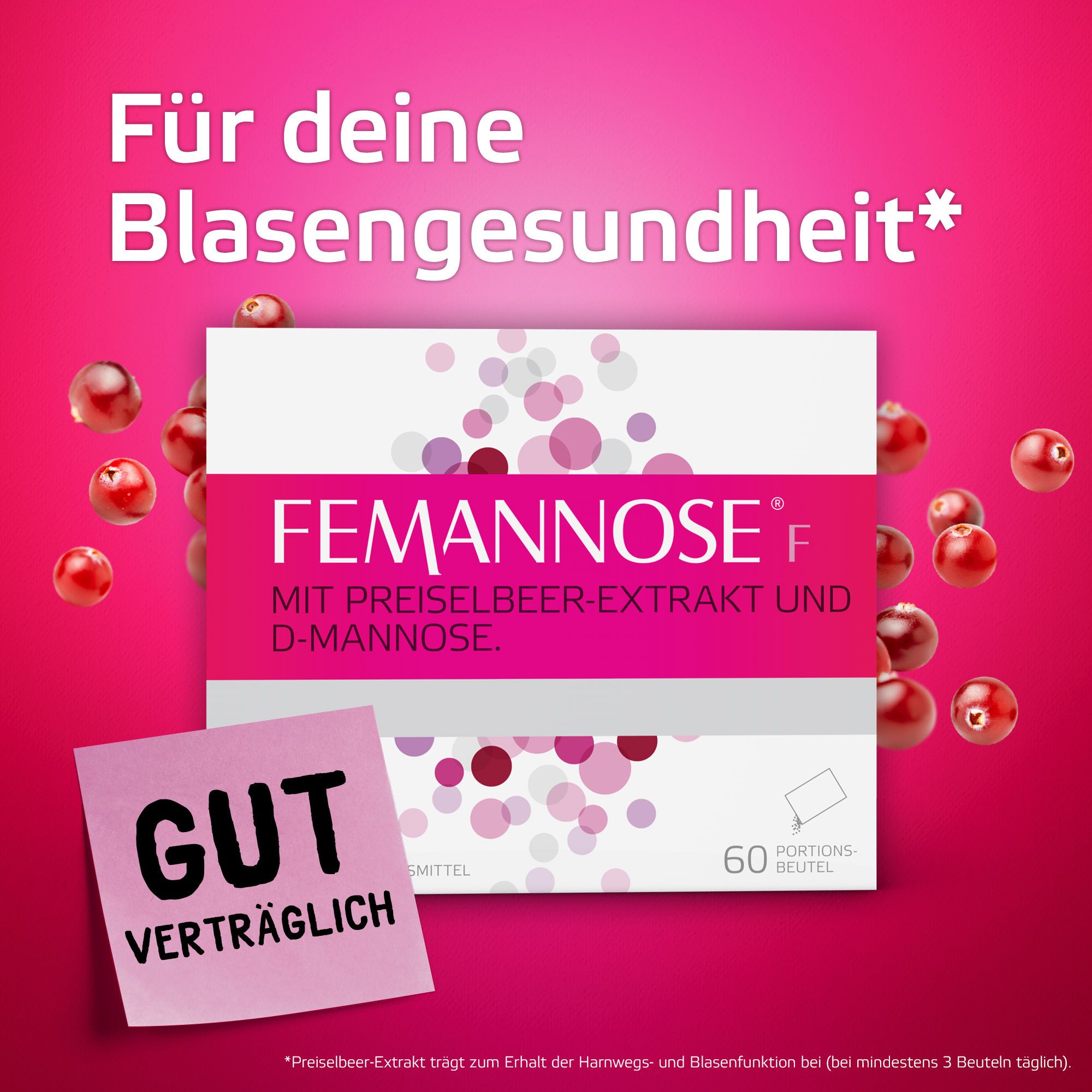 Karton FEMANNOSE F, Cranberrys, pinker Hintergrund. Text: Für deine Blasengesundheit. Gut verträglich.