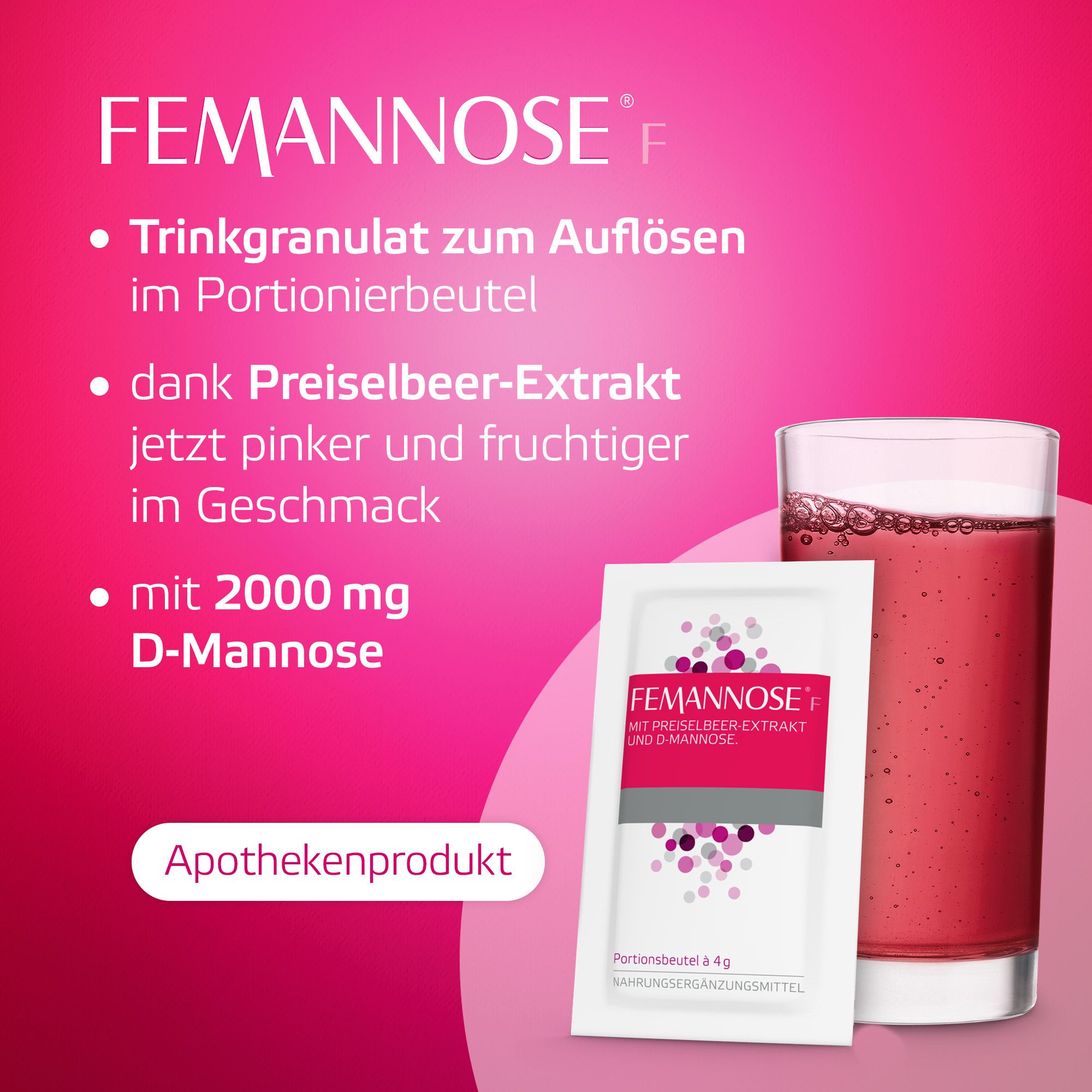 Packung und Beutel FEMANNOSE F, Glas mit Flüssigkeit. Text: Trinkgranulat, Apothekenprodukt, 2000 mg D-Mannose.