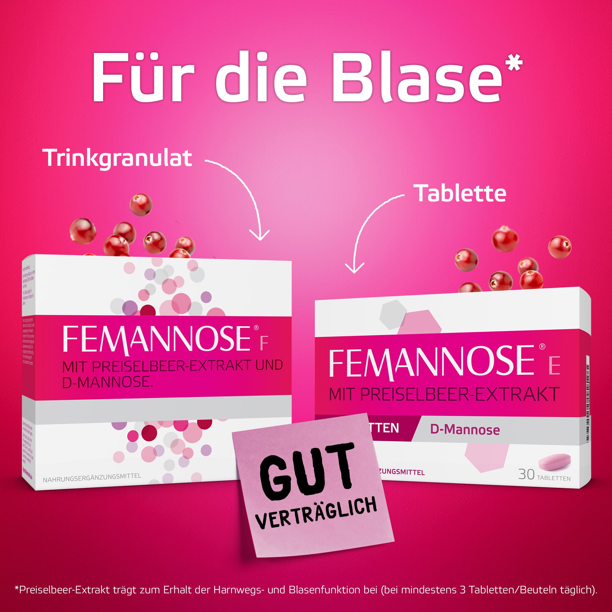 Zwei Kartons FEMANNOSE F, eine Tablette. Text: Für die Blase. Gut verträglich. Cranberry-Extrakt für Harnwege.