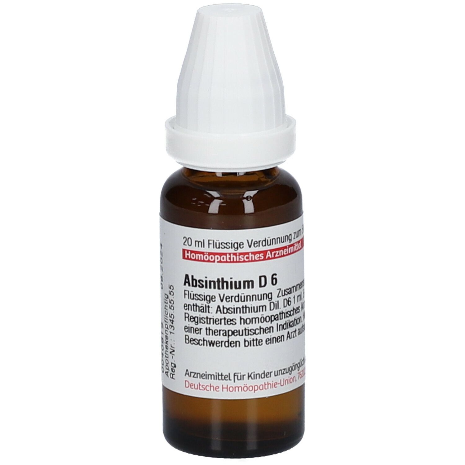 Braune Glasflasche mit weißem Verschluss. Beschriftung: Absinthium D 6, 20 ml Flüssige Verdünnung. Deutsche Homöopathie-Union.
