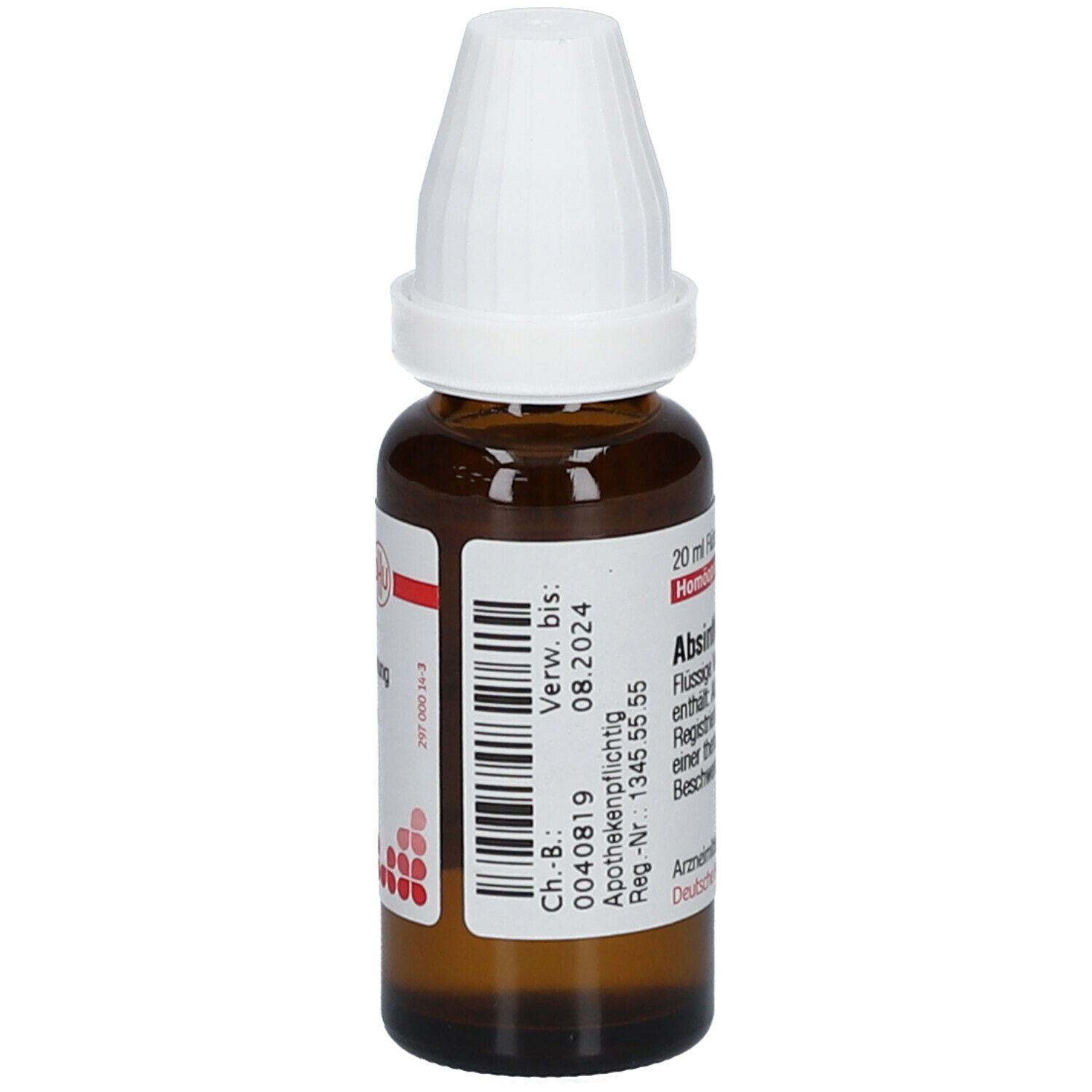 Braune Glasflasche mit weißem Verschluss. Etikett mit Barcode und Verfallsdatum. Beschriftung: Absinthium D 6, 20 ml Flüssige Verdünnung.