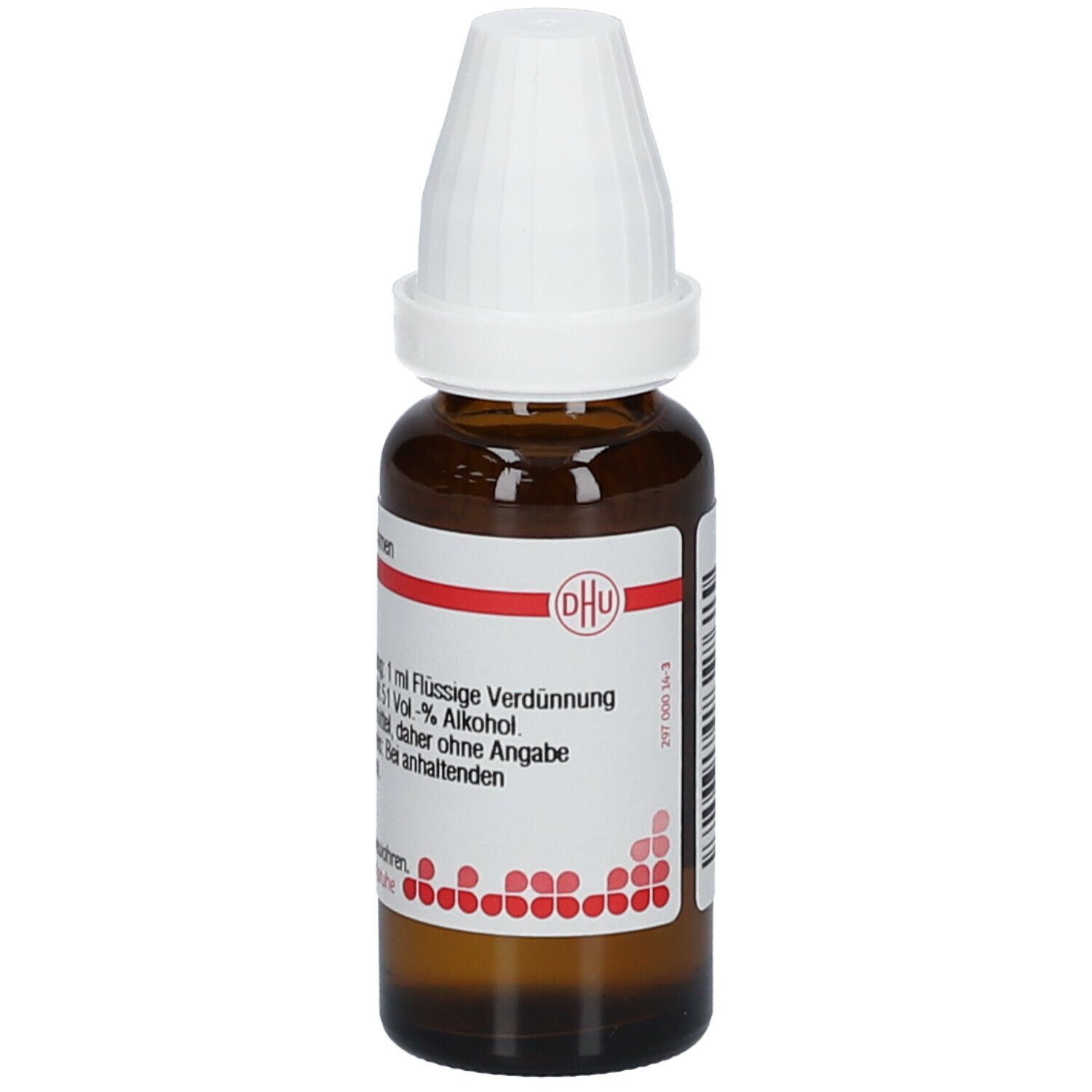 Braune Glasflasche mit weißem Verschluss. Beschriftung: DHU, 20 ml Flüssige Verdünnung. Enthält 51 Vol.-% Alkohol. Absinthium D 6.