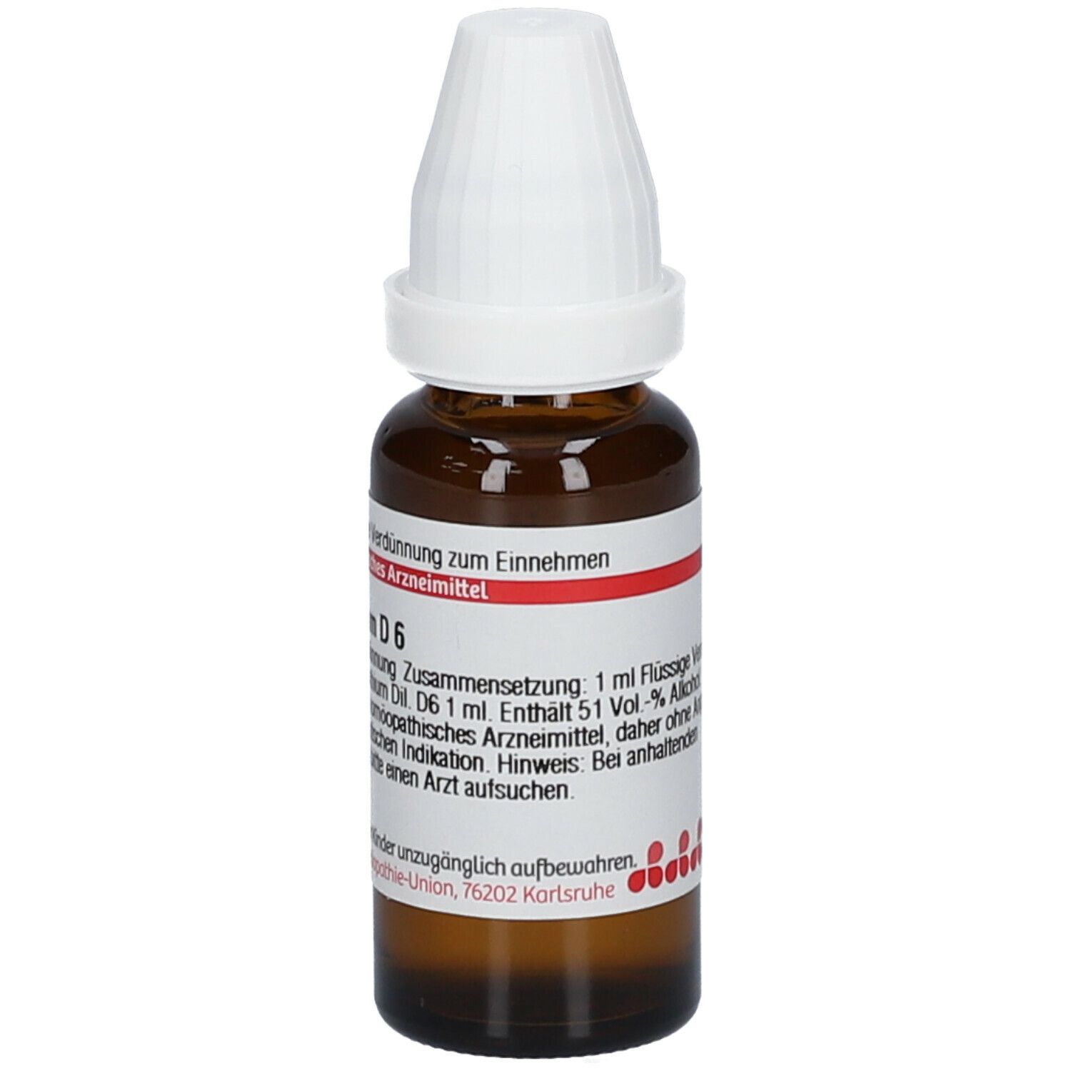 Braune Glasflasche mit weißem Verschluss. Beschriftung: Absinthium D 6, 20 ml Flüssige Verdünnung. Für die Einnahme.
