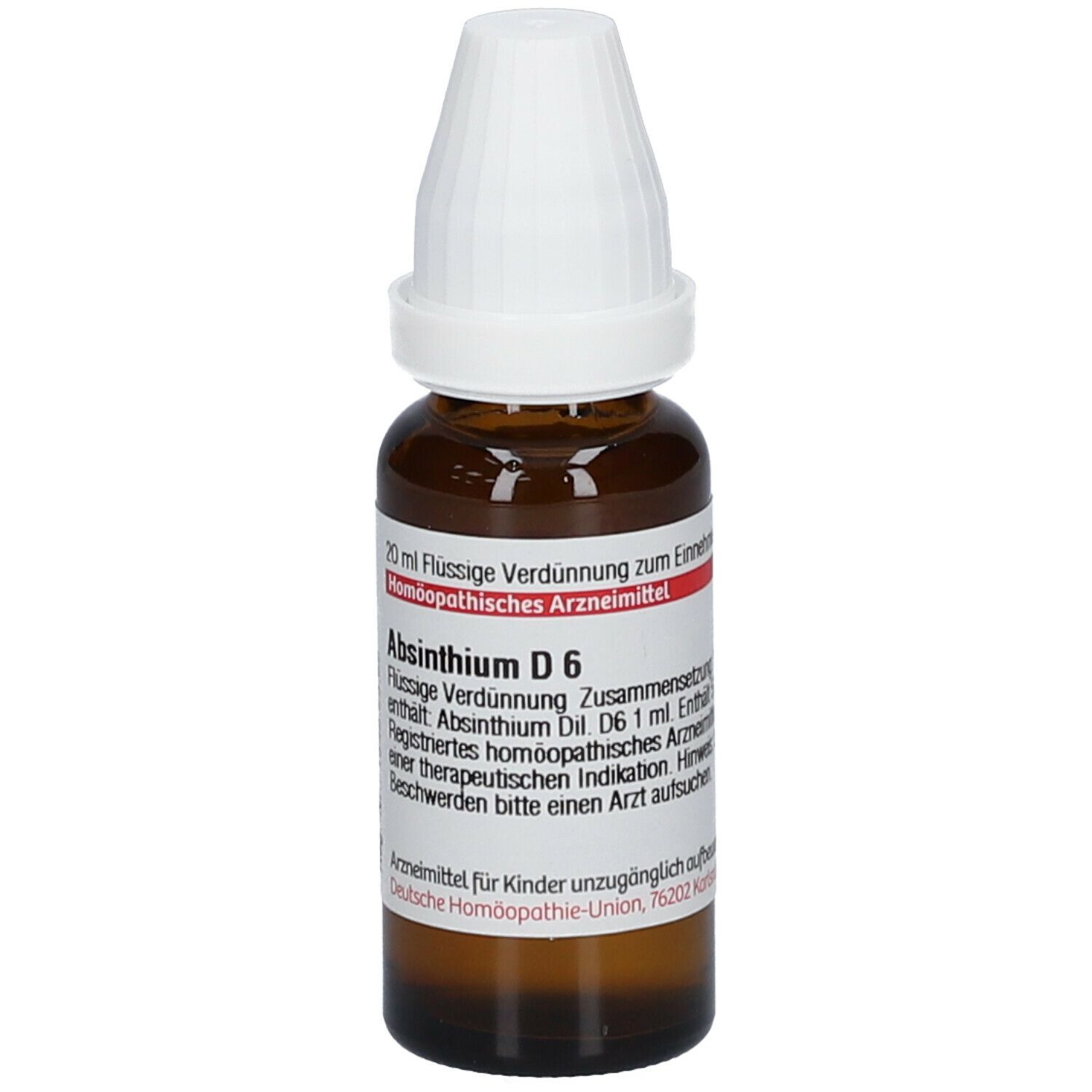 Braune Glasflasche mit weißem Verschluss. Beschriftung: Absinthium D 6, 20 ml Flüssige Verdünnung. Homöopathisches Arzneimittel.