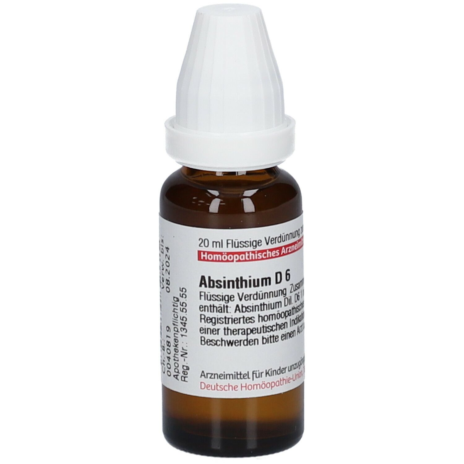 Braune Glasflasche mit weißem Verschluss. Beschriftung: Absinthium D 6, 20 ml Flüssige Verdünnung. Homöopathisches Arzneimittel.