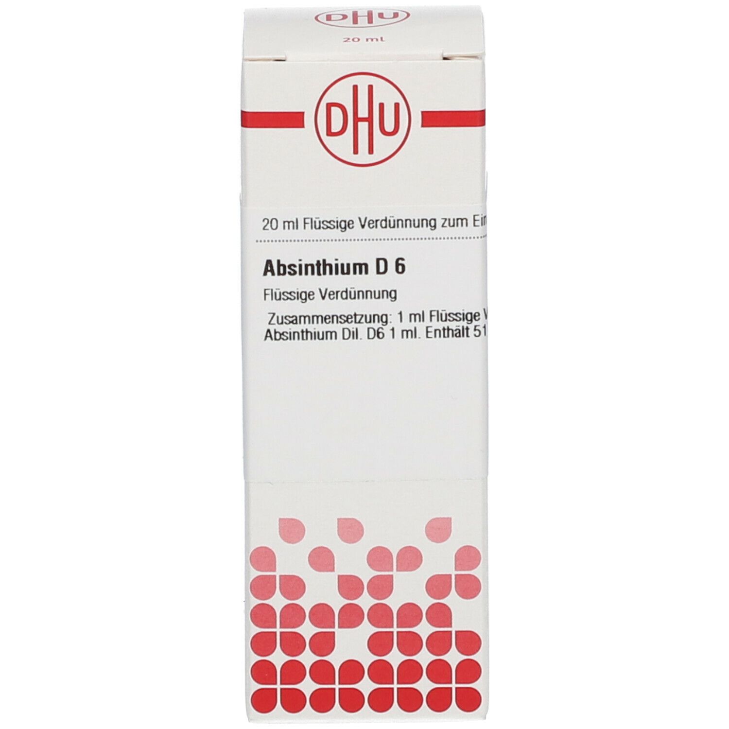 Verpackung mit DHU-Logo. Beschriftung: Absinthium D 6, 20 ml Flüssige Verdünnung. Für die Einnahme.