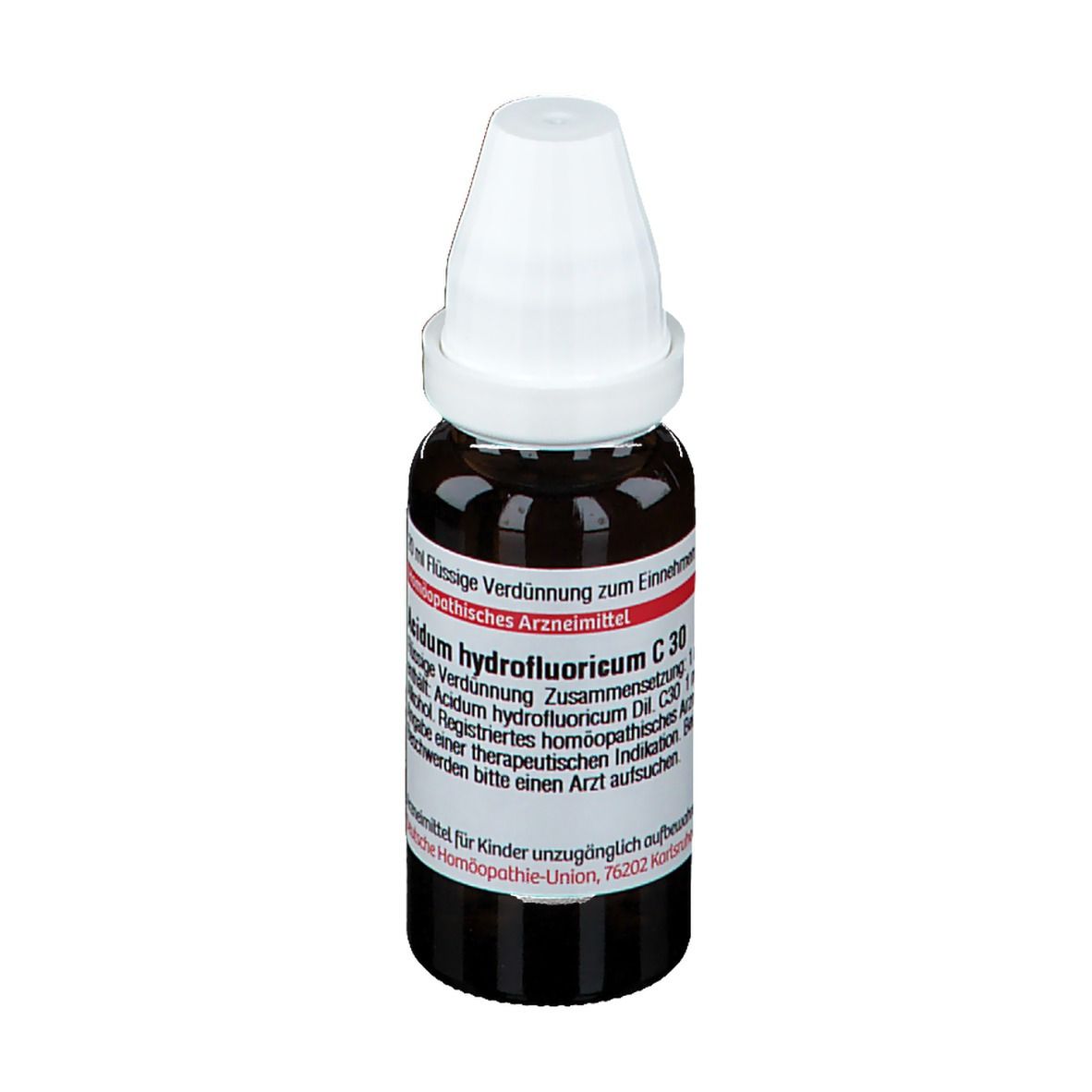 Braune Glasflasche mit weißem Verschluss. Etikett mit Produktinformationen. DHU Acidum hydrofluoricum C30.