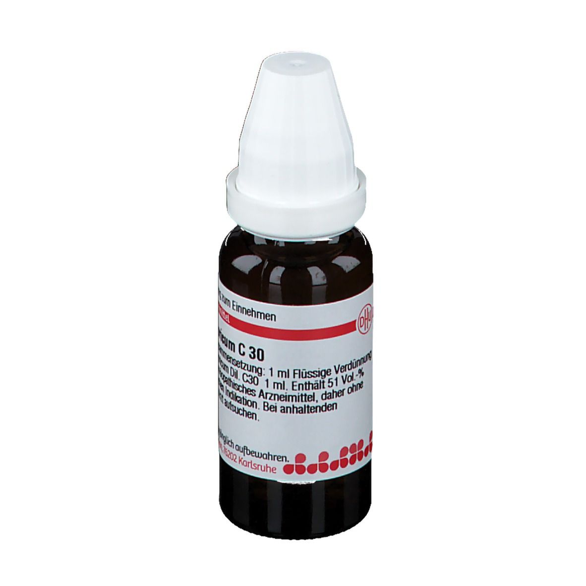 Braune Glasflasche mit weißem Verschluss. Etikett mit Produktinformationen. DHU Acidum hydrofluoricum C30.