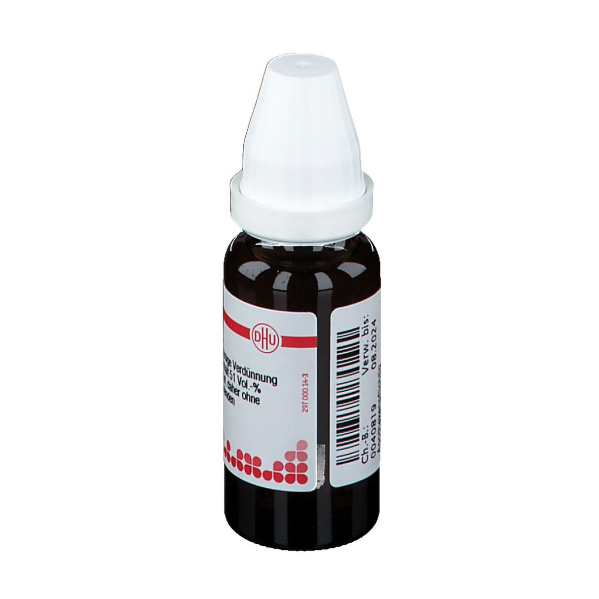 Braune Glasflasche mit weißem Verschluss. Etikett mit Produktinformationen. DHU Acidum hydrofluoricum C30.