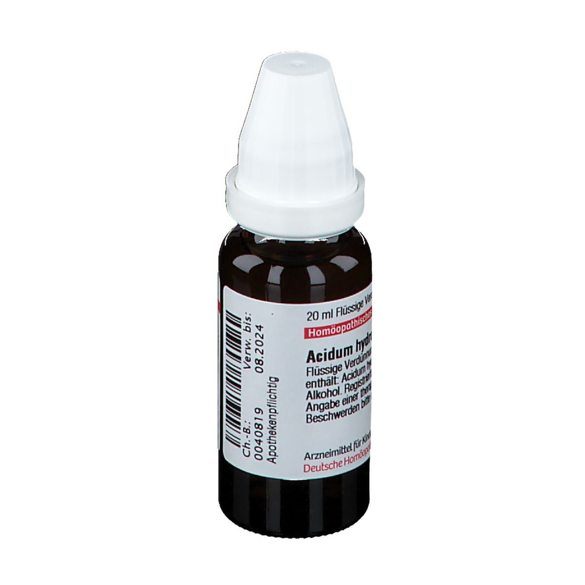 Braune Glasflasche mit weißem Verschluss. Etikett mit Produktinformationen. DHU Acidum hydrofluoricum.