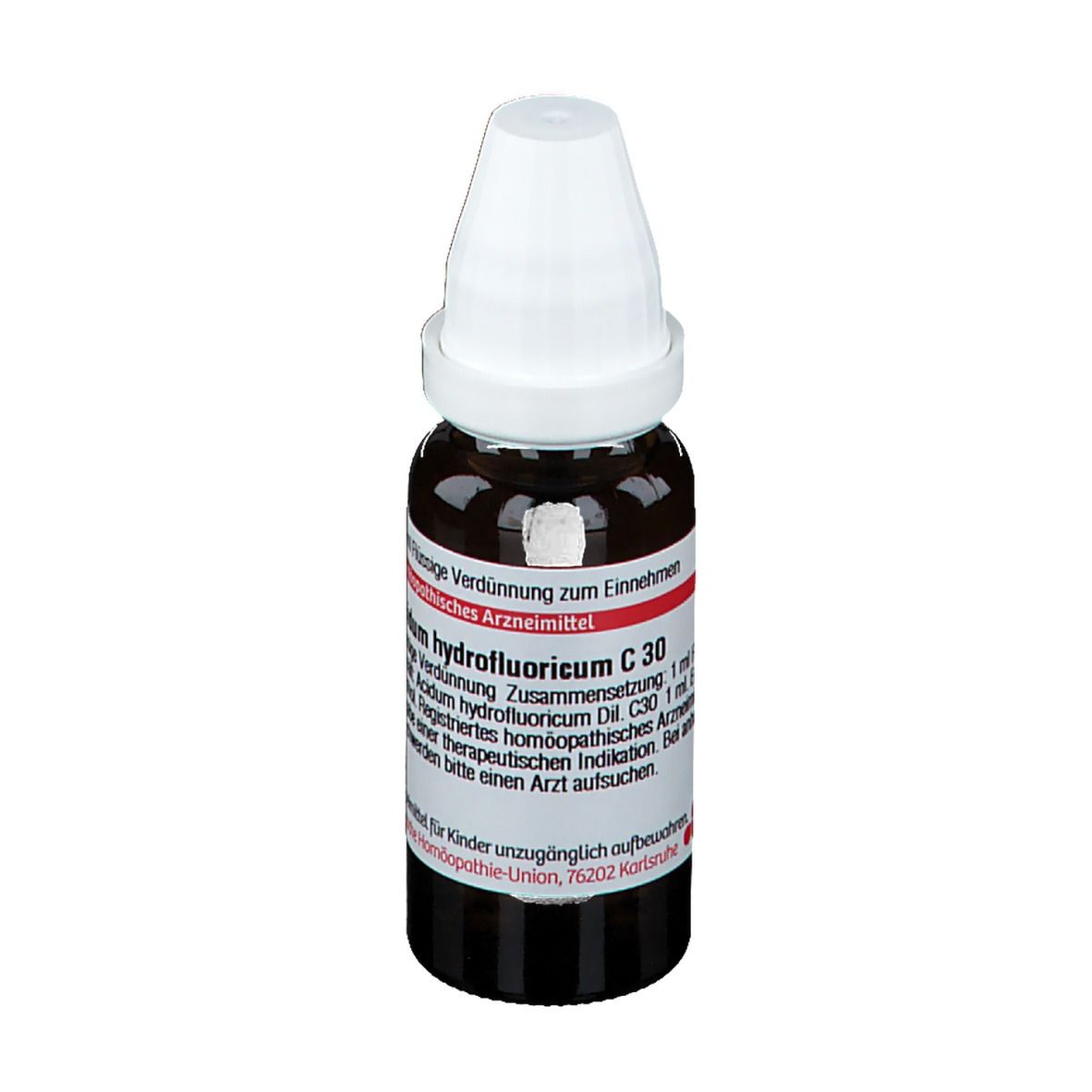 Braune Glasflasche mit weißem Verschluss. Etikett mit Produktinformationen. DHU Acidum hydrofluoricum C30.