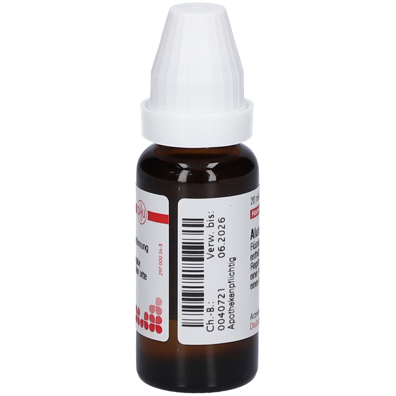 Braune Glasflasche mit weißem Verschluss. Etikett mit Barcode, Verfallsdatum 06.2026 und Chargennummer.