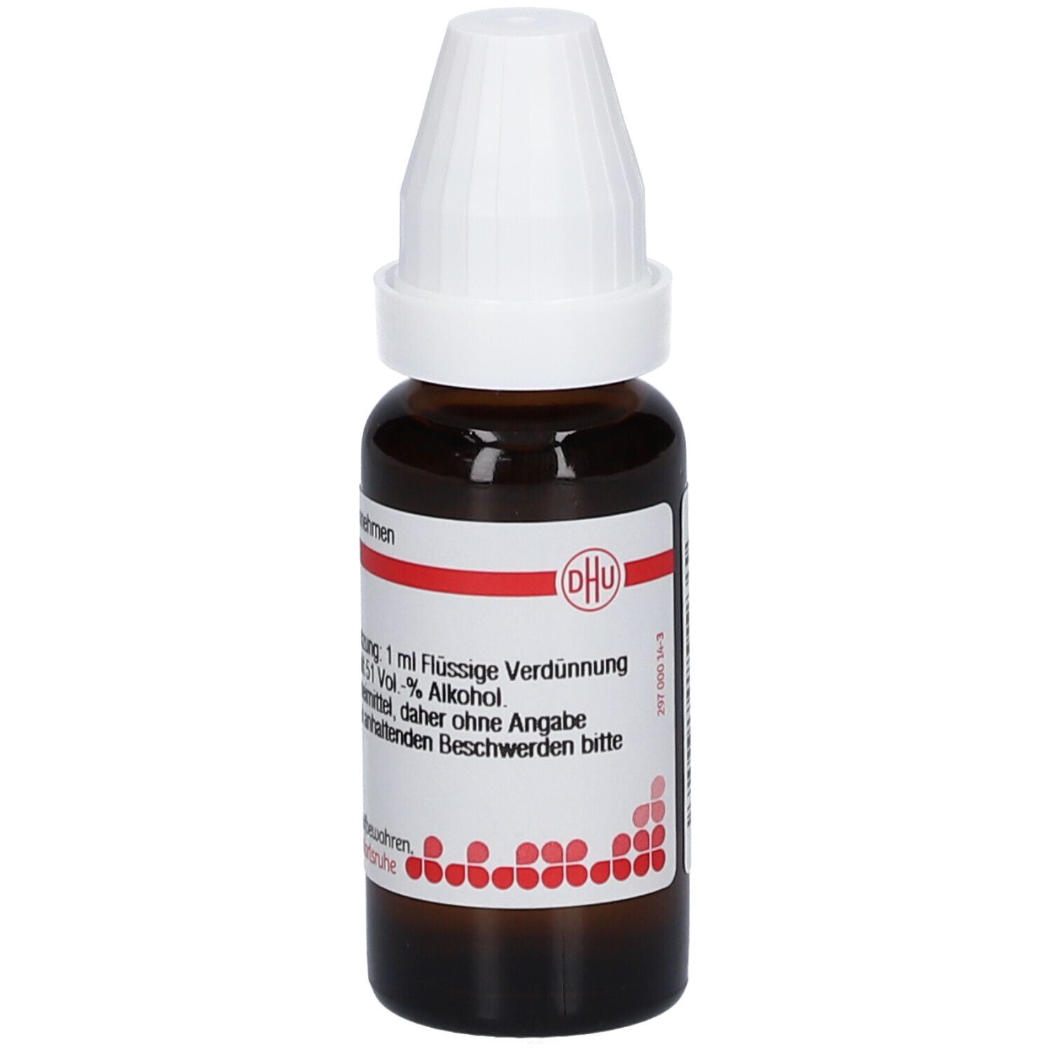 Braune Glasflasche mit weißem Verschluss. Etikett mit Produktinformationen und DHU-Logo.
