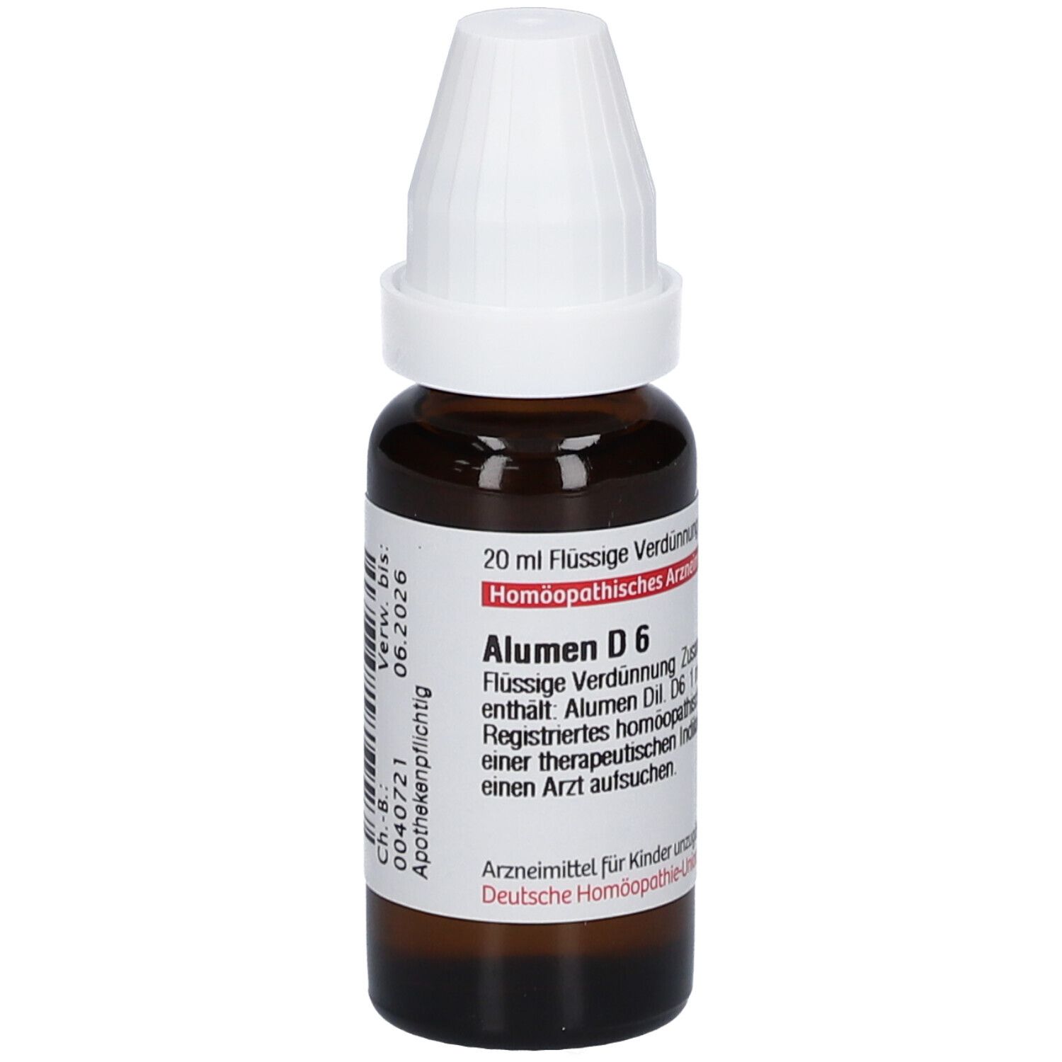 Braune Glasflasche mit weißem Verschluss. Etikett mit Produktinformationen: Alumen D 6, 20 ml Flüssige Verdünnung.