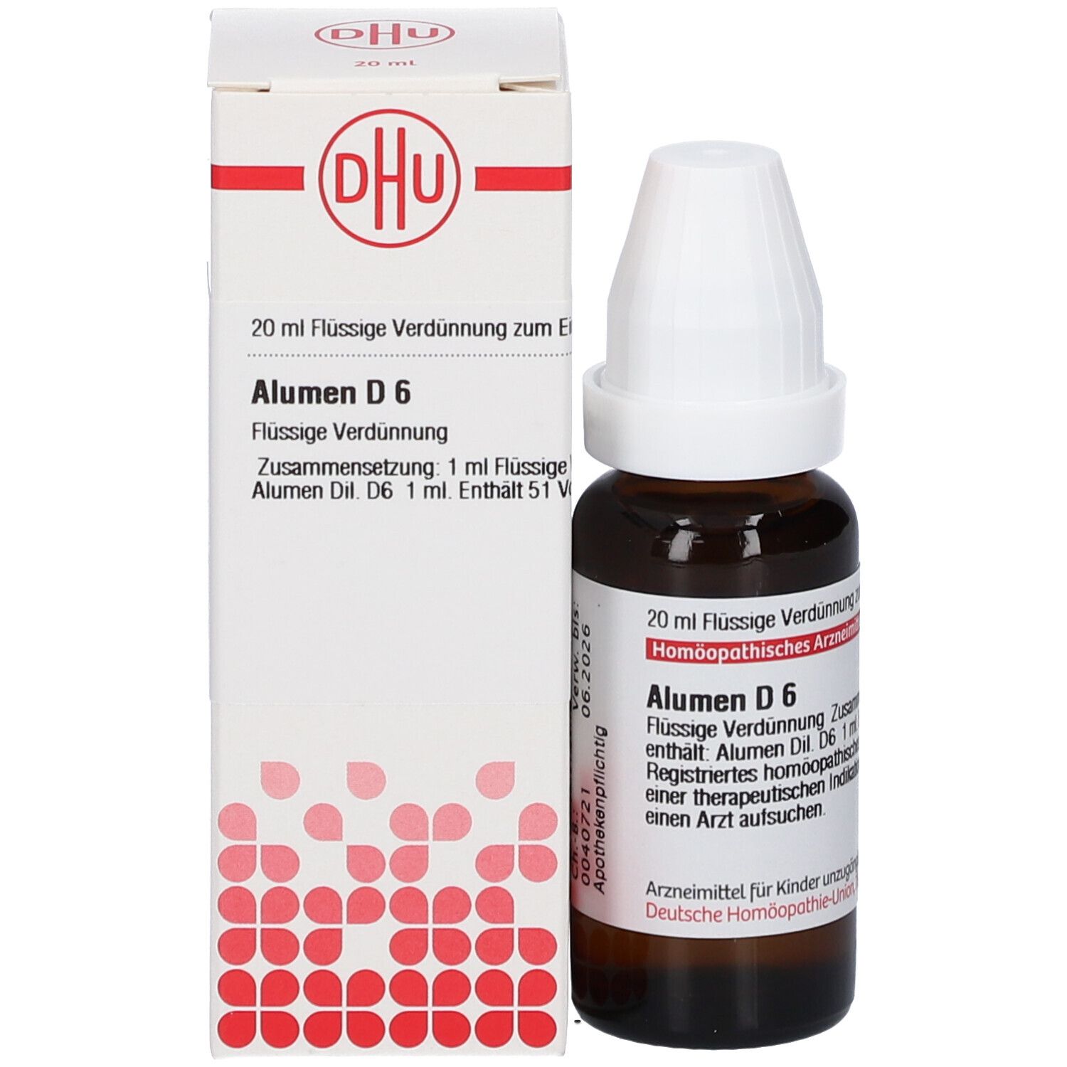 Produktflasche und Verpackung. Flasche: braunes Glas, weißer Verschluss. Verpackung: weiß, rot, DHU-Logo.