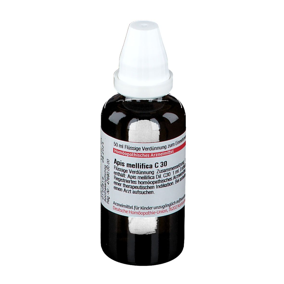 Braune Glasflasche mit weißem Verschluss. Etikett mit Text: Apis mellifica C30. Homöopathisches Arzneimittel.