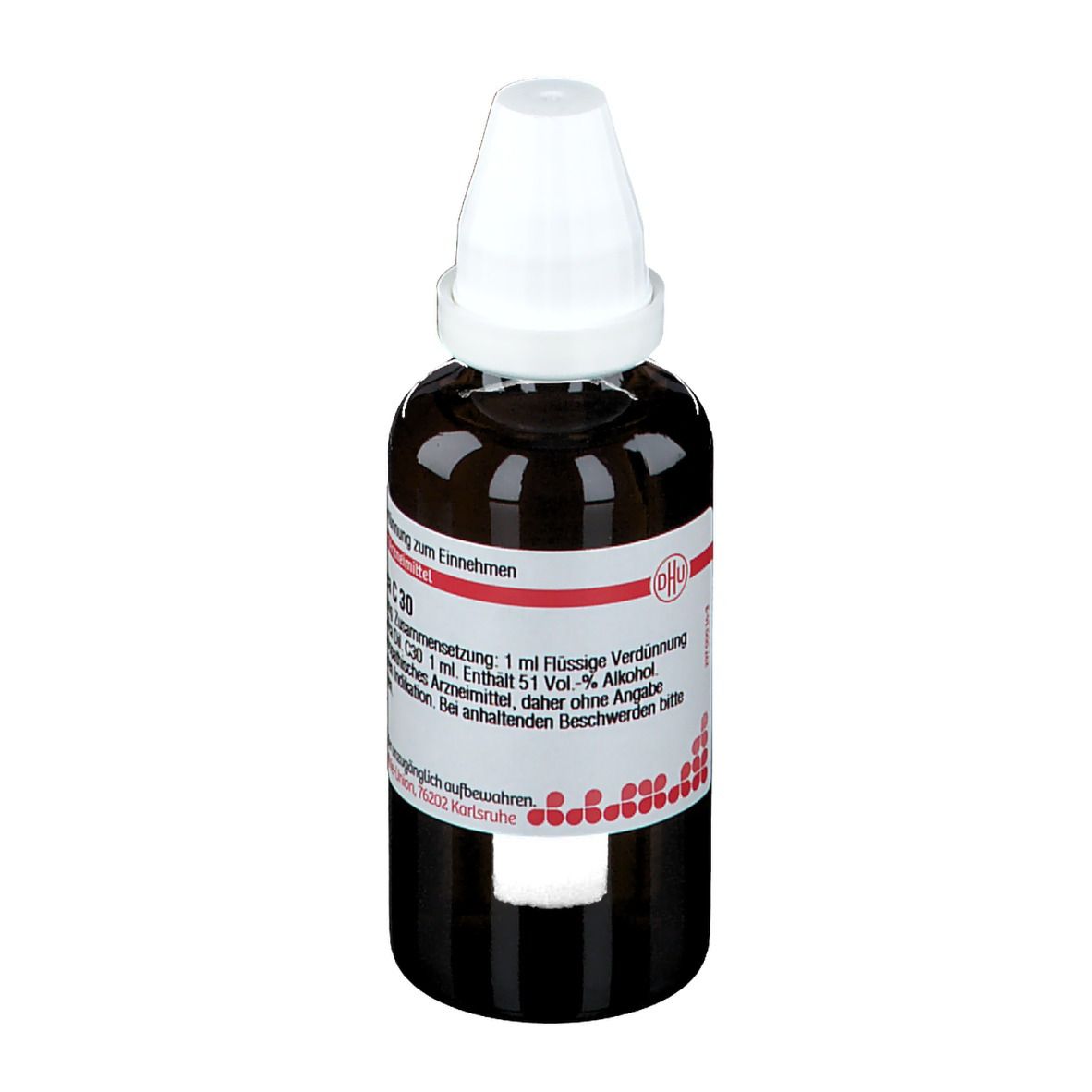 Braune Glasflasche mit weißem Verschluss. Etikett mit Text: Apis mellifica C30. Homöopathisches Arzneimittel.