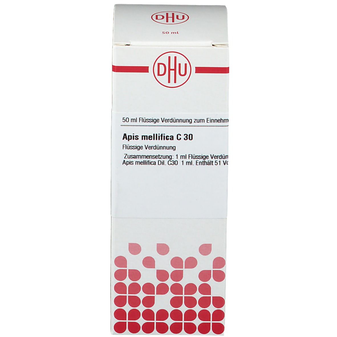 Weiße Verpackung mit roter und blauer Schrift. Text: DHU, Apis mellifica C30. Homöopathisches Arzneimittel.
