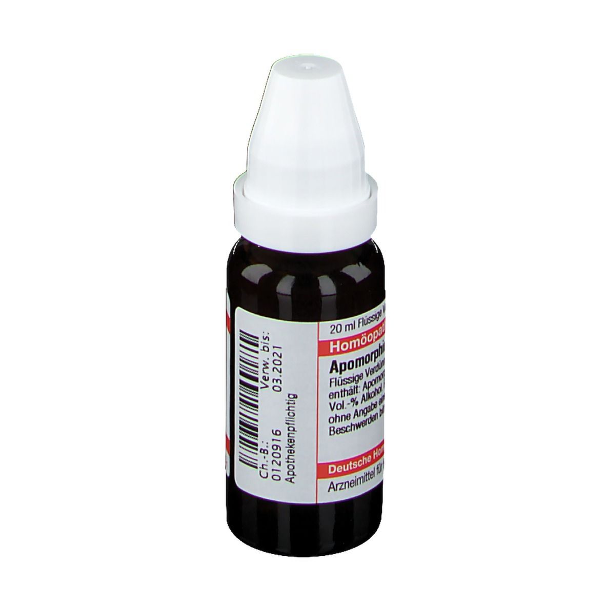 Braune Flüssigkeit in einer Tropfflasche mit weißem Verschluss. Etikett mit Produktinformationen. DHU Apomorphinum hydrochloricum.