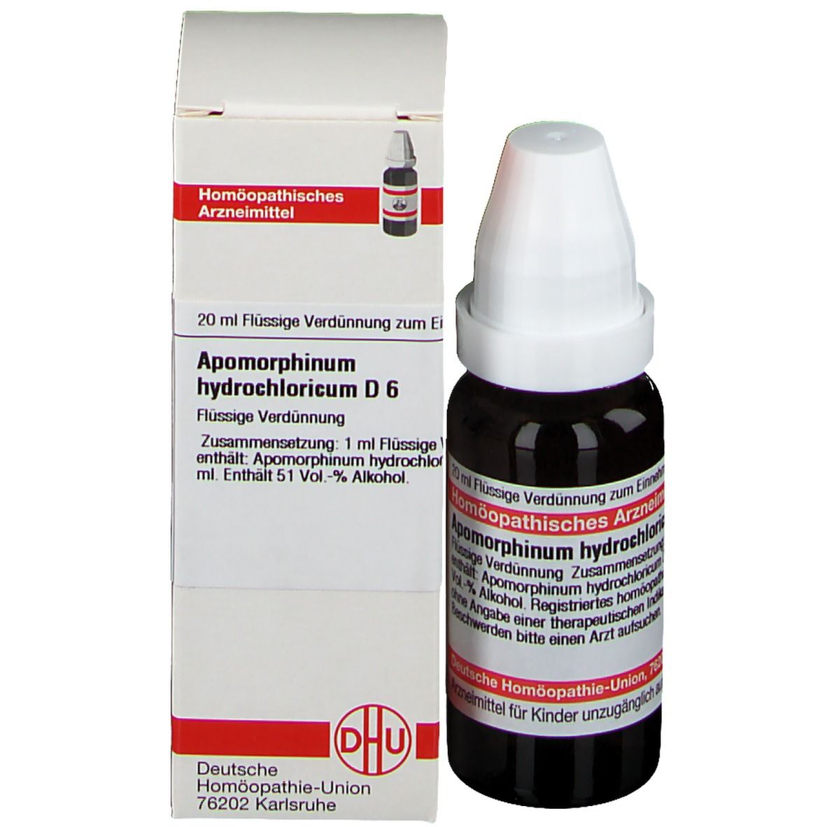 Tropfflasche und Schachtel. Schachtel mit Produktinformationen. DHU Apomorphinum hydrochloricum D6. Deutsche Homöopathie-Union.