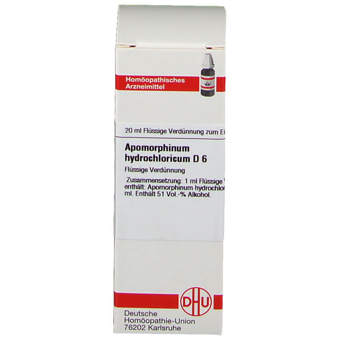 Schachtel mit Produktinformationen. DHU Apomorphinum hydrochloricum D6. Deutsche Homöopathie-Union. Mit Tropfflasche.