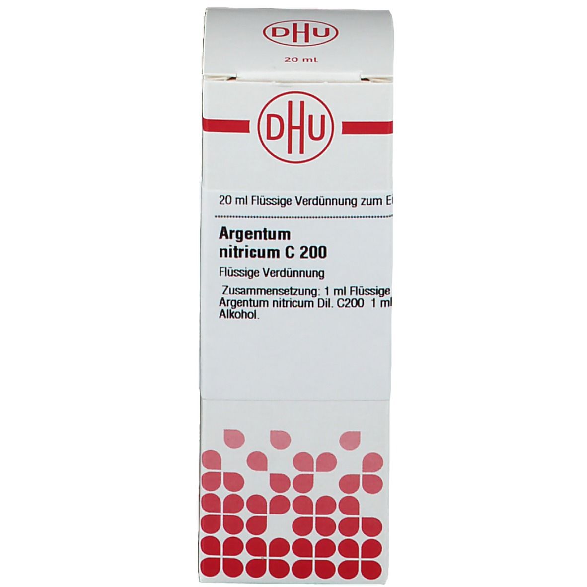 Weiße Schachtel mit rotem Logo. Beschriftung: DHU, Argentum nitricum C 200. Arzneimittel.
