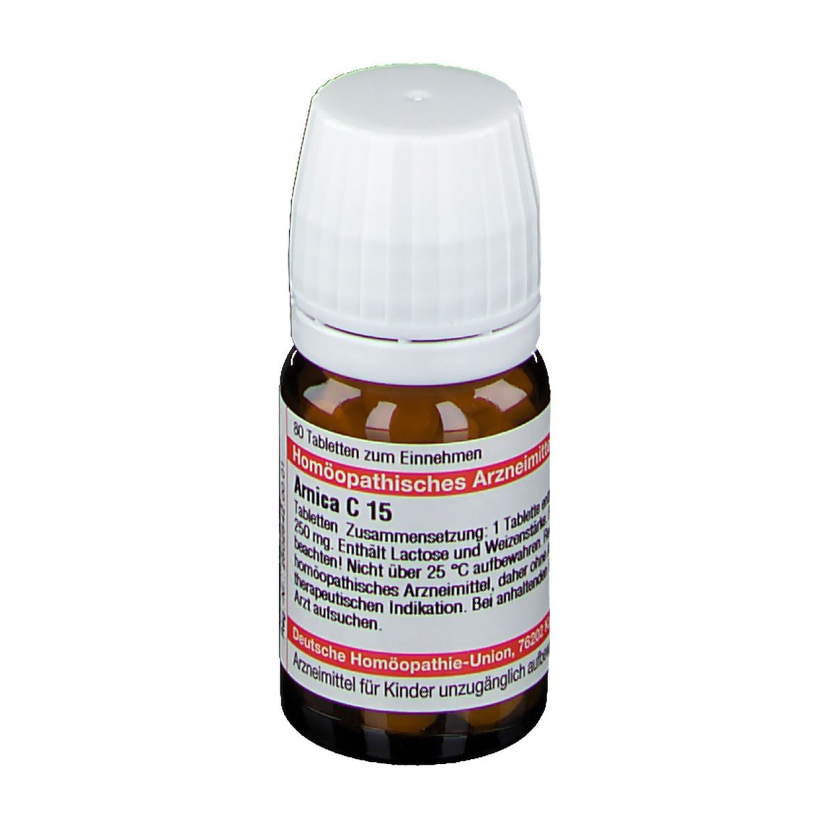 Braune Glasflasche mit weißem Deckel. Etikett mit Text: DHU Arnica C 15. Enthält Tabletten.