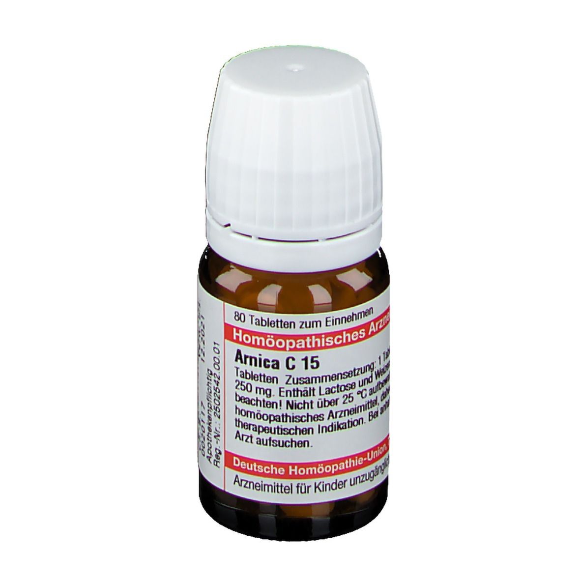 Braune Glasflasche mit weißem Deckel. Etikett mit Text: DHU Arnica C 15. Enthält Tabletten. 80 Tabletten.